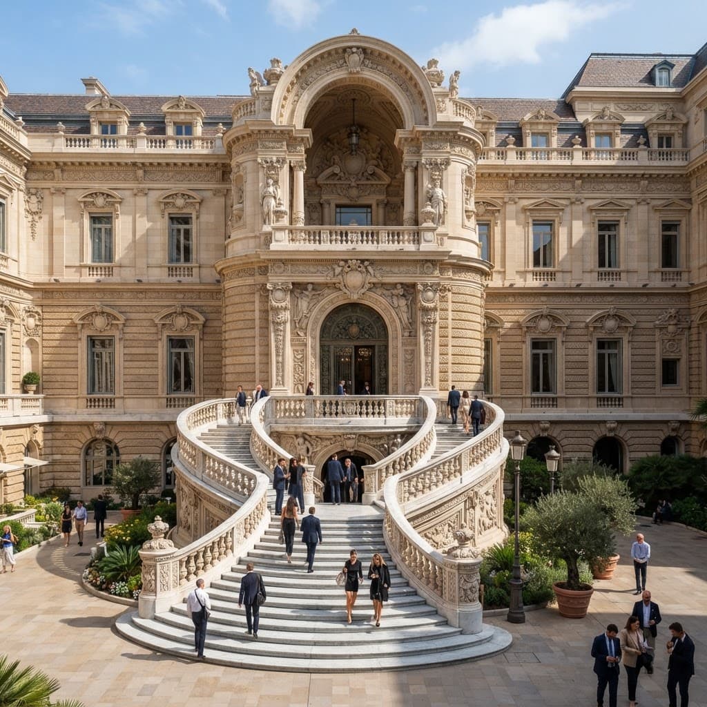Premium building showing decorative balusters, staircases, copings and architectural details