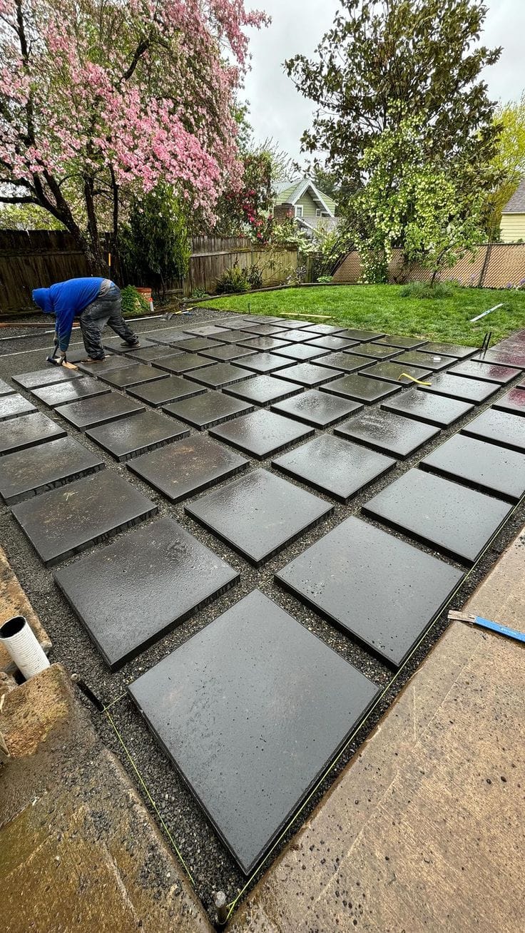 Worker installing large dark square paving slabs — UCB Paving Slabs installation in Kenya by Unique Concrete Builders