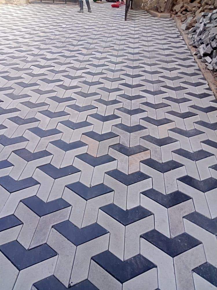 UCB Hexagon 3D Pavers — grey and dark navy angular interlocking pavers creating a striking 3D optical-illusion cube pattern by Unique Concrete Builders Kenya