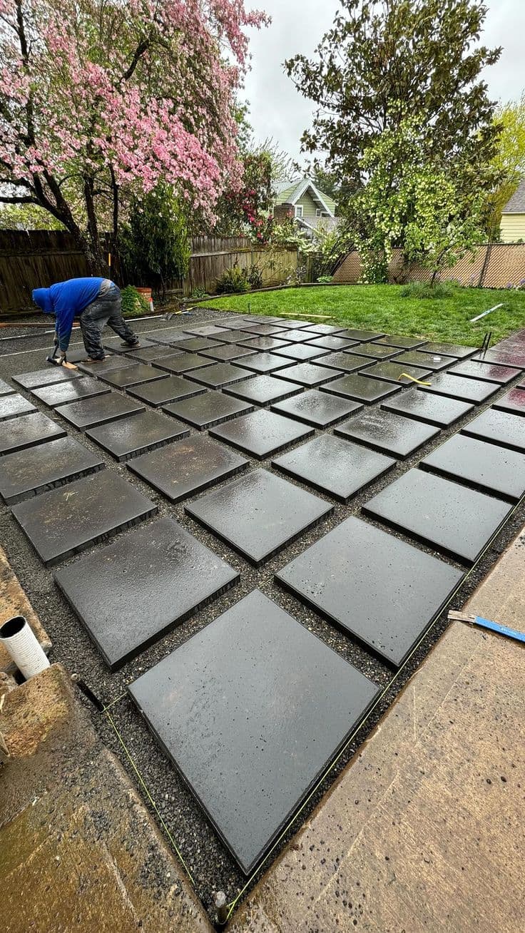 Worker installing dark square paving slabs — UCB Paving Blocks and Landscaping Solutions in Kenya by Unique Concrete Builders