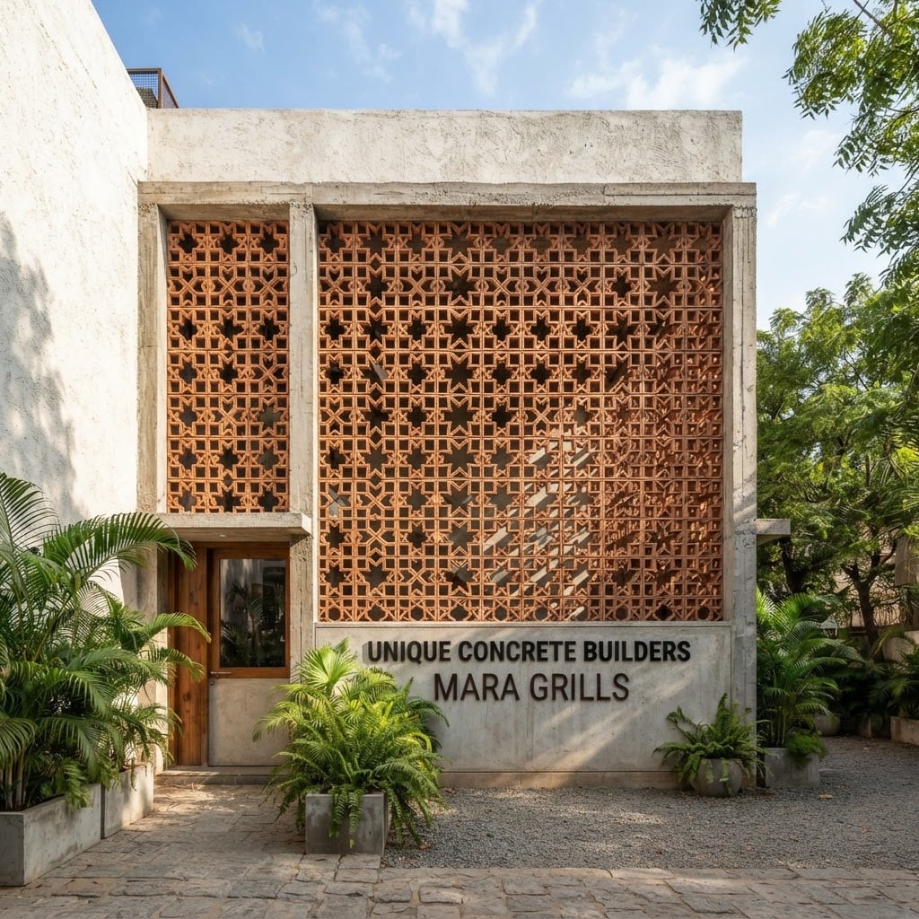 Unique Concrete Builders Mara Grills — Mara-pattern clay ventilation grills in a building wall
