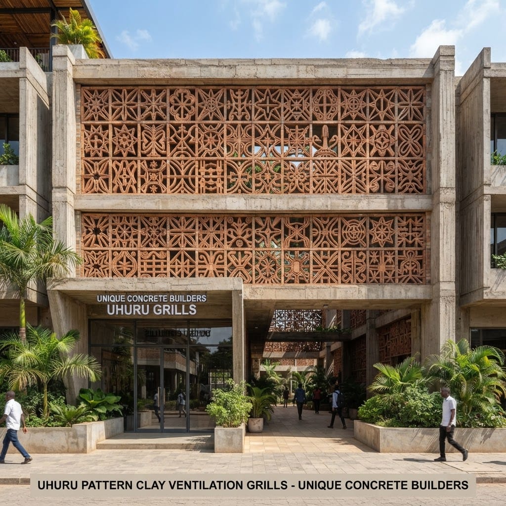 Unique Concrete Builders Uhuru Grills — Uhuru-pattern clay ventilation grills in a building
